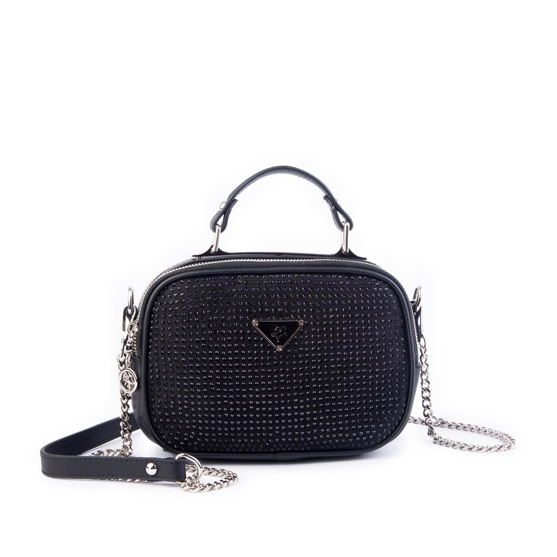 Nas Bag Zincirli Kapitone Çift Gözlü El ve Çapraz Çanta Siyah  Taşlı ( 21x16 cm )