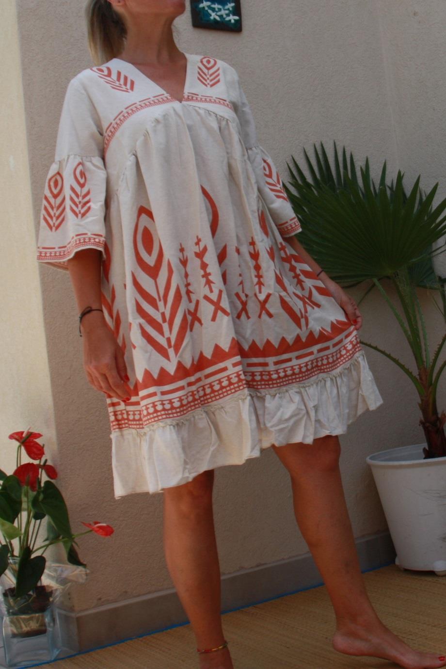 A-Line Puffy Sleeves Linen Summer Dress 