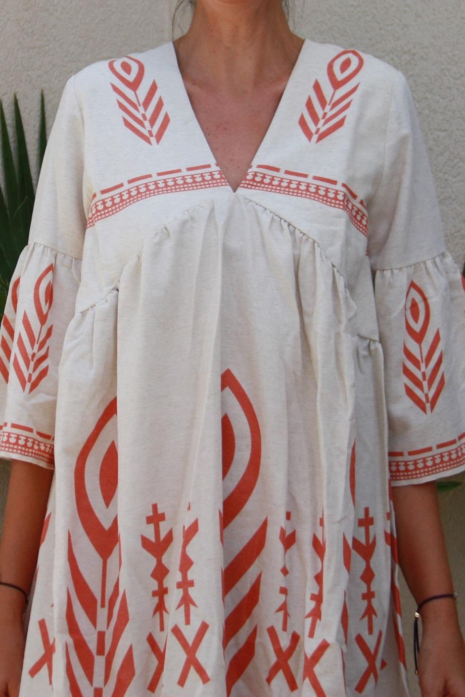 A-Line Puffy Sleeves Linen Summer Dress 