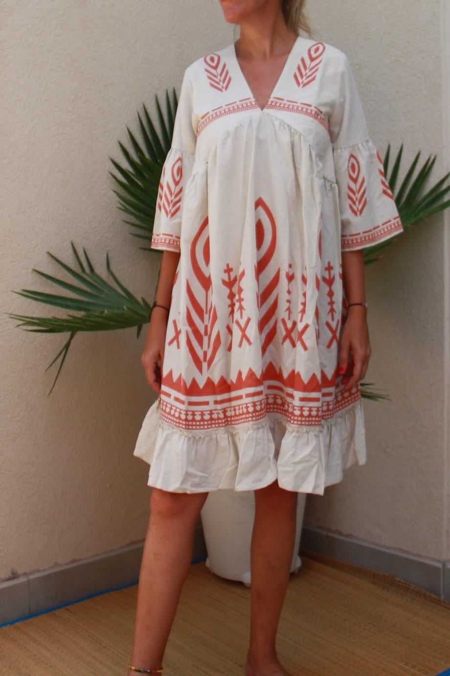 A-Line Puffy Sleeves Linen Summer Dress 