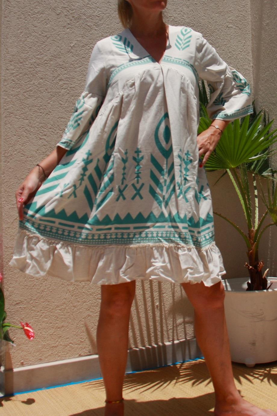 A- Line Turquoise Patterns Linen Dress