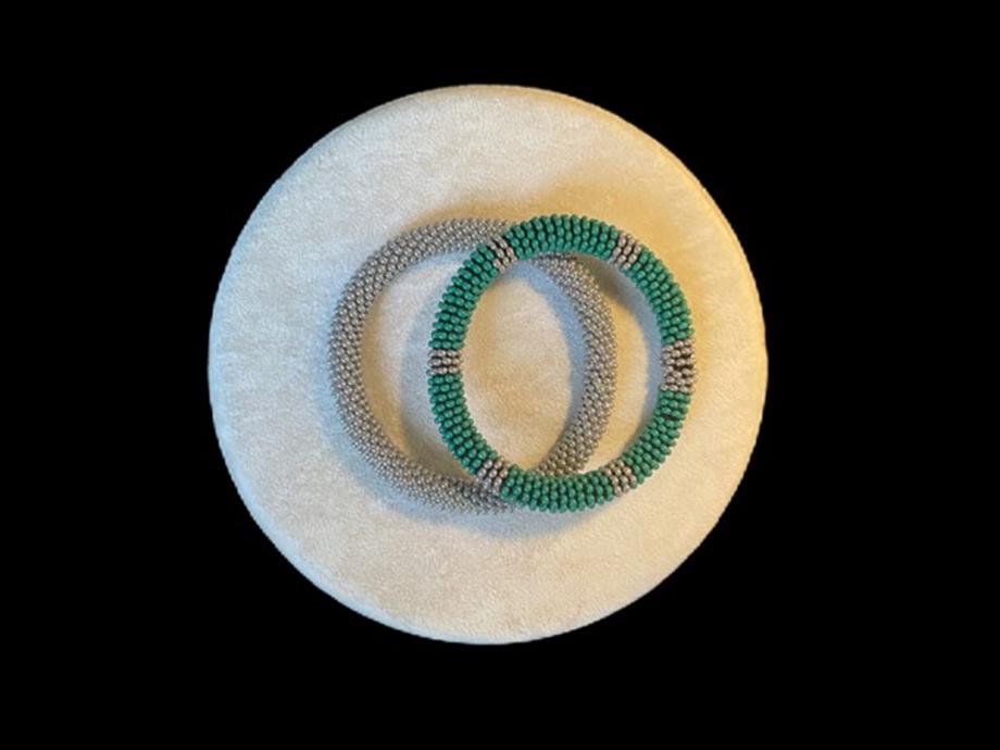 Knitted Glass Beads, Handmade Bracelet, Set of 2 Gray & Green