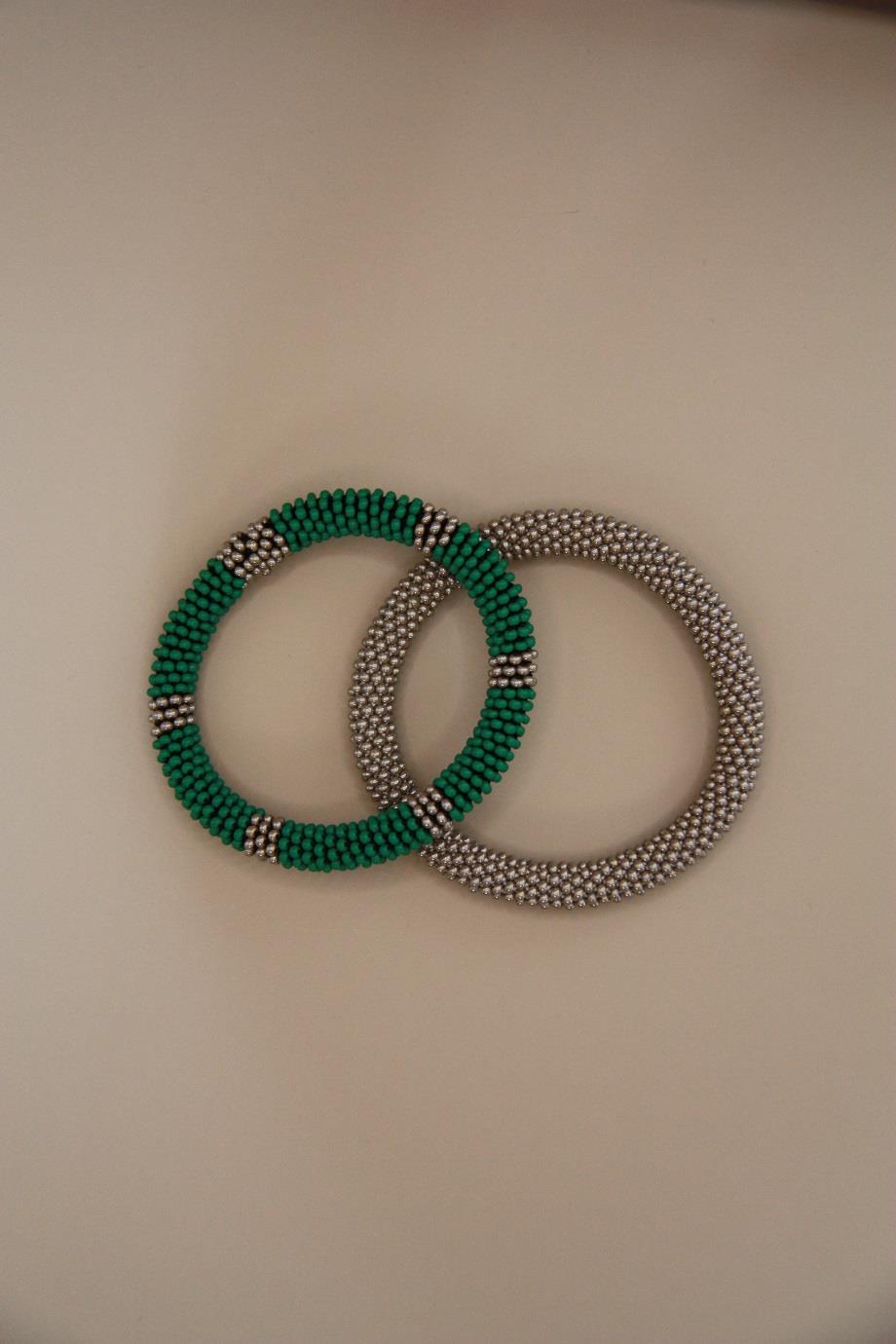 Knitted Glass Beads, Handmade Bracelet, Set of 2 Gray & Green