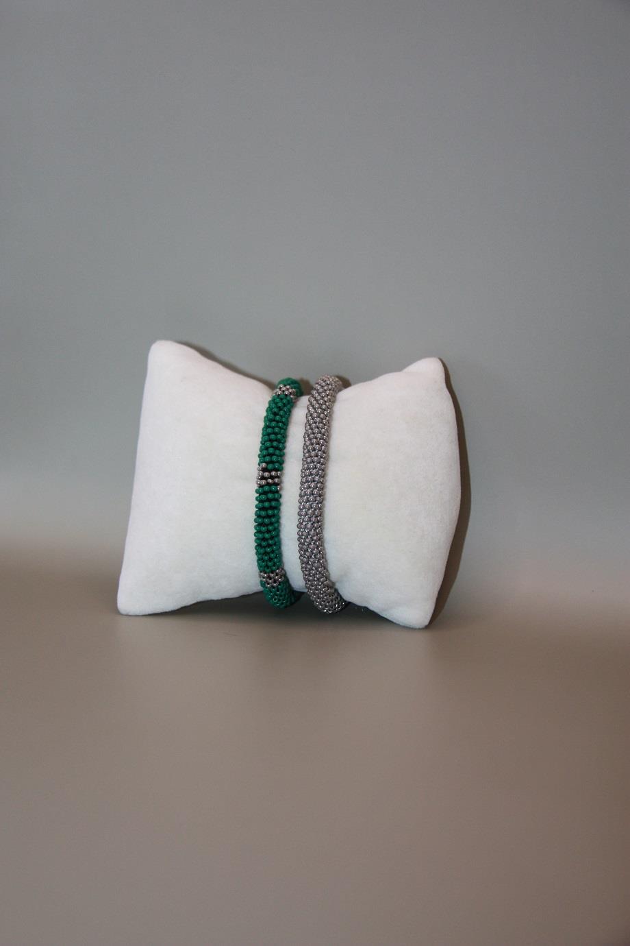 Knitted Glass Beads, Handmade Bracelet, Set of 2 Gray & Green