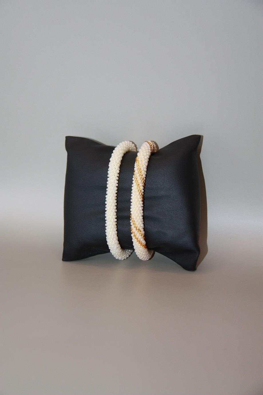 Knitted Handmade Bracelet, Set of 2 Cream & Golden Helix 