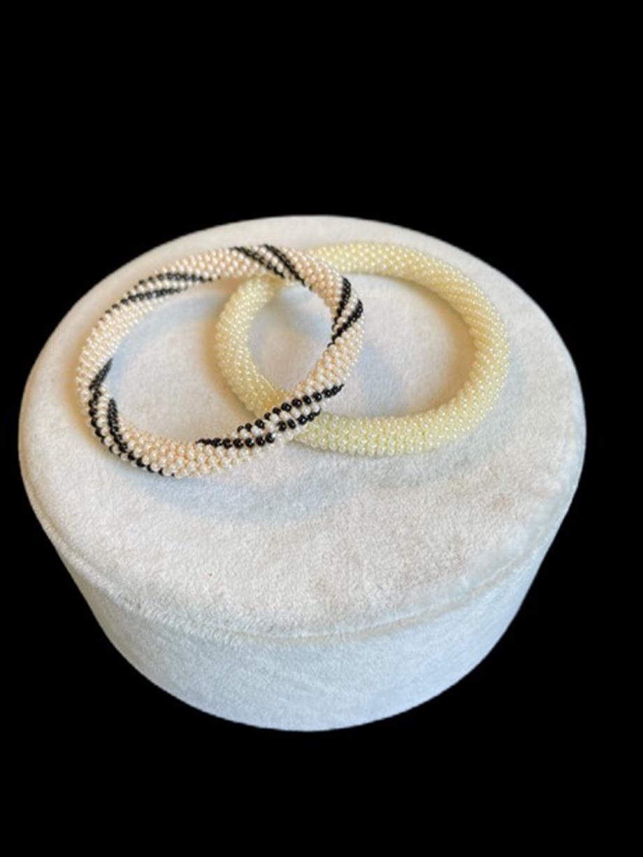Knitted Handmade Bracelet, Set of 2 Cream & Black Helix 