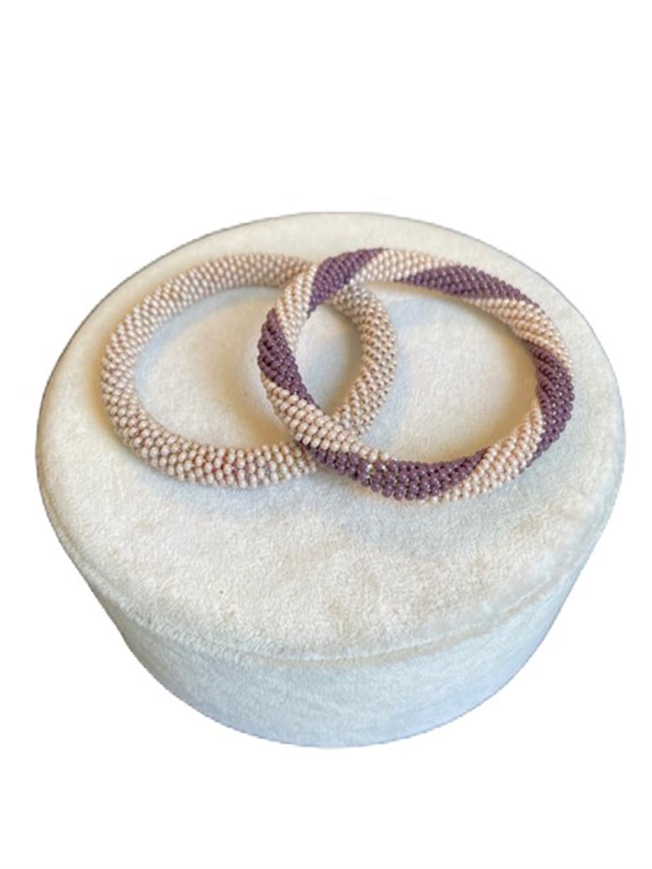 Knitted Handmade Bracelet, Set of 2 Lylac & Cream Helix 