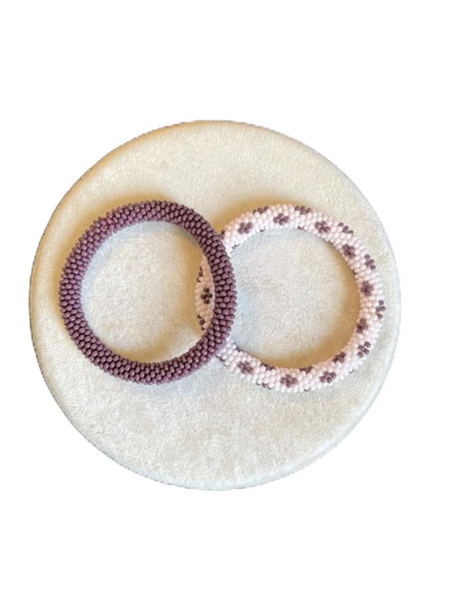 Knitted Handmade Bracelet, Set of 2 Purple & White flower 