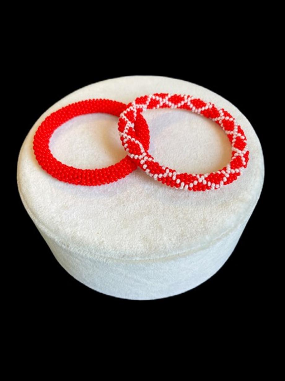 Knitted Handmade Bracelet, Set of 2 Red & White Diamond 