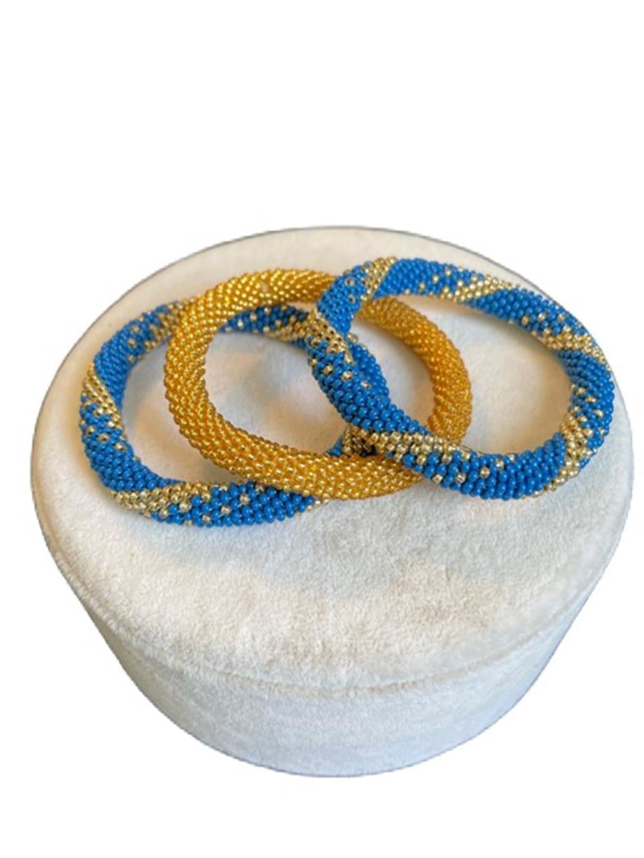 Knitted Handmade Bracelet, Set of 3,  Blue & Shiny Gold Helix