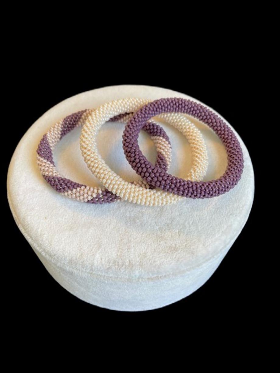 Knitted Handmade Bracelet, Set of 3  Lilac & Cream Helix 