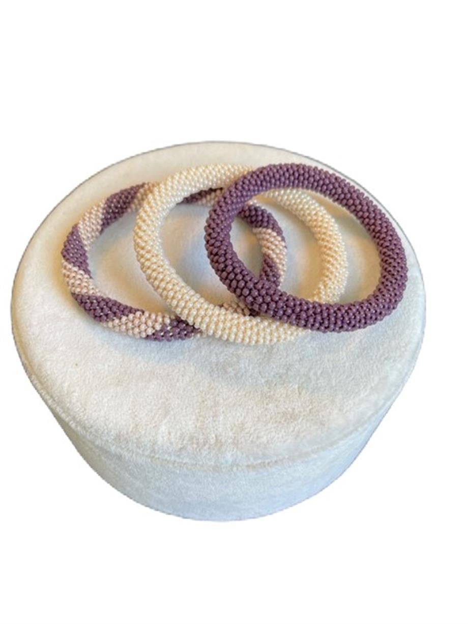 Knitted Handmade Bracelet, Set of 3  Lilac & Cream Helix 