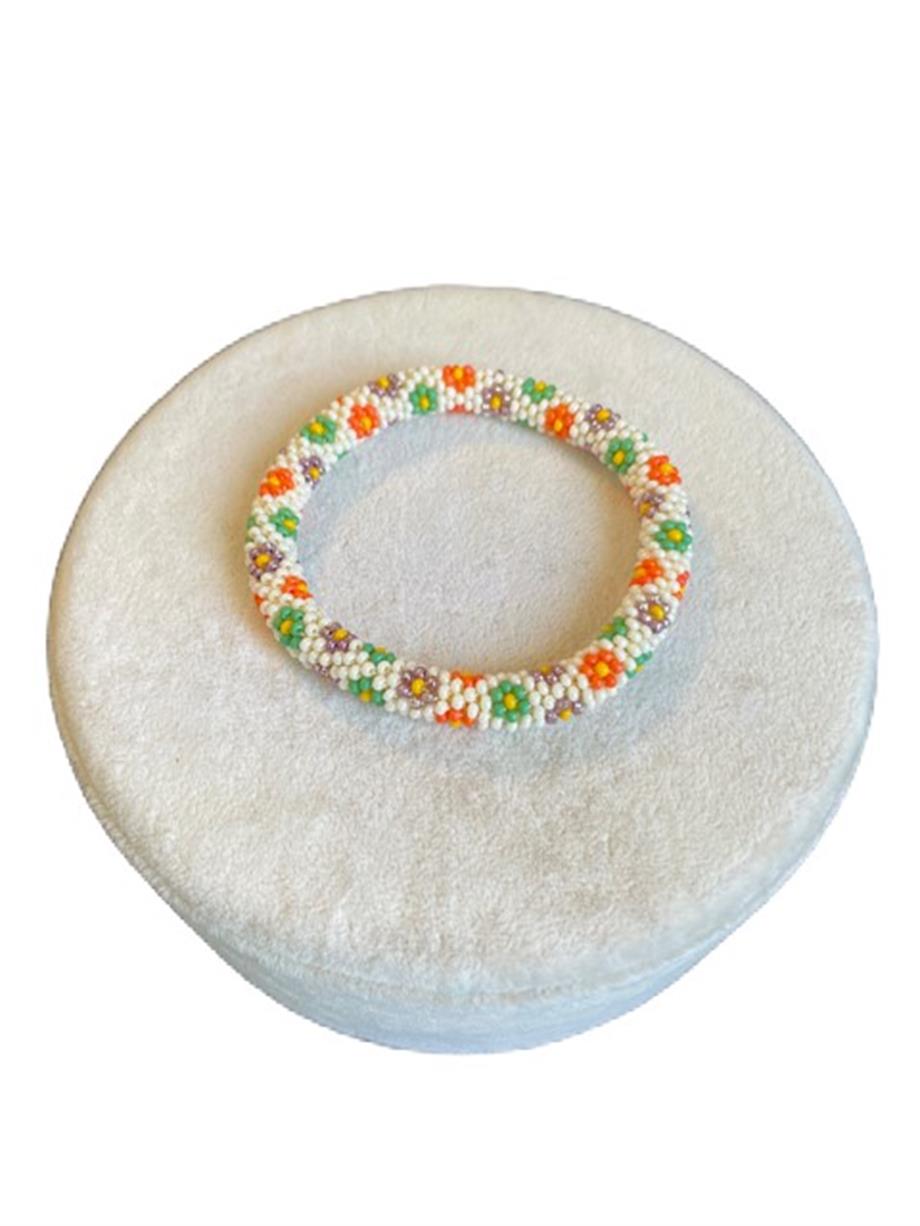 Knitted Handmade Bracelet, Set of 3 Spring flowers Green & Orange