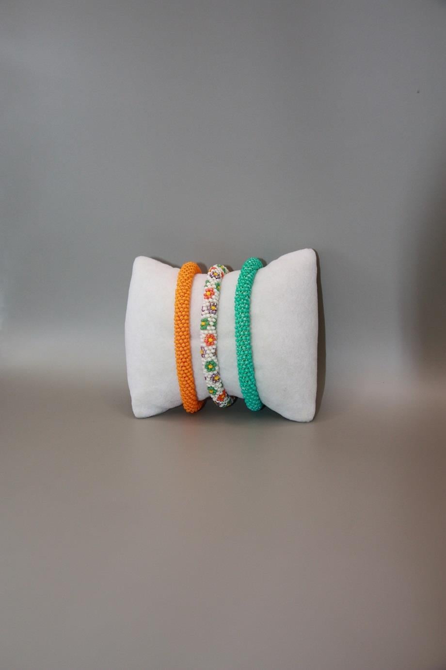 Knitted Handmade Bracelet, Set of 3 Spring flowers Green & Orange