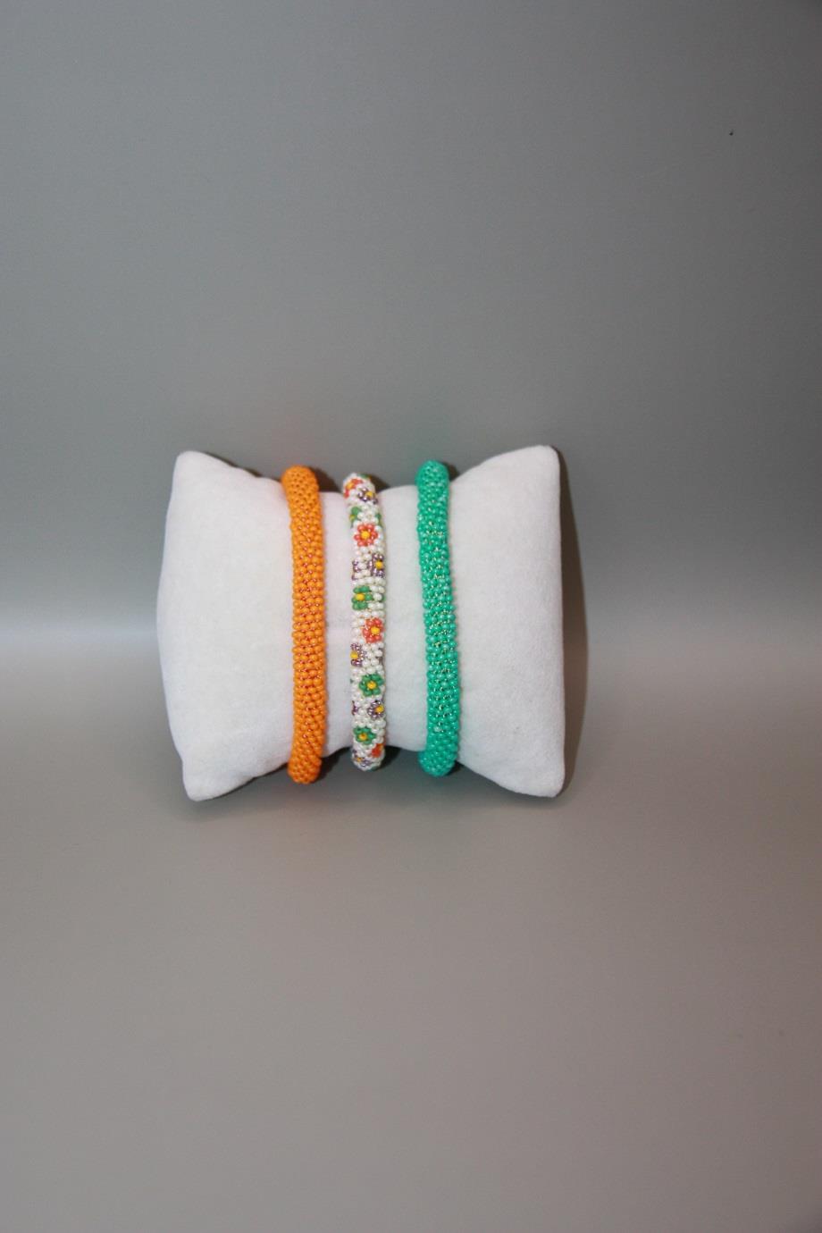 Knitted Handmade Bracelet, Set of 3 Spring flowers Green & Orange