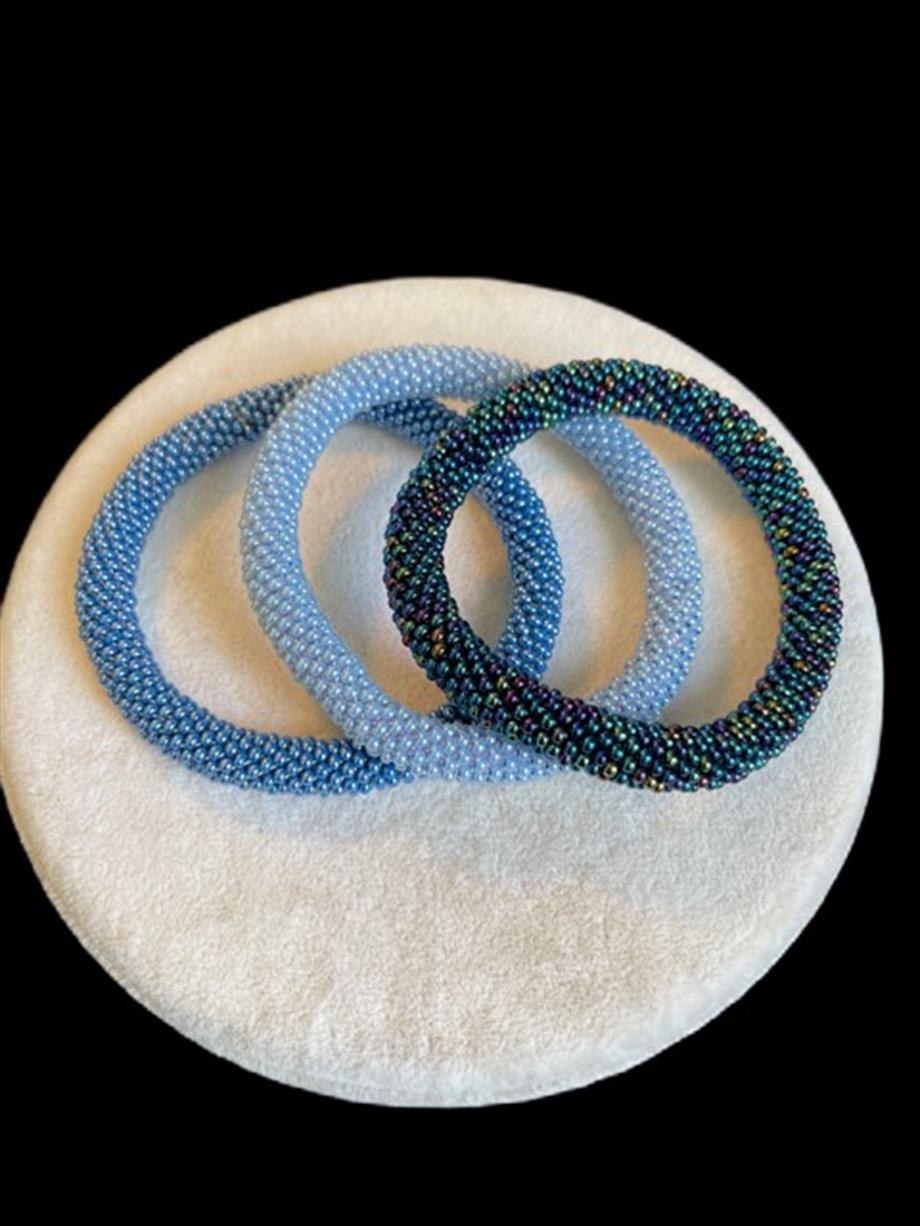 Knitted Handmade Bracelet, Set of 3  Tones of Blue 
