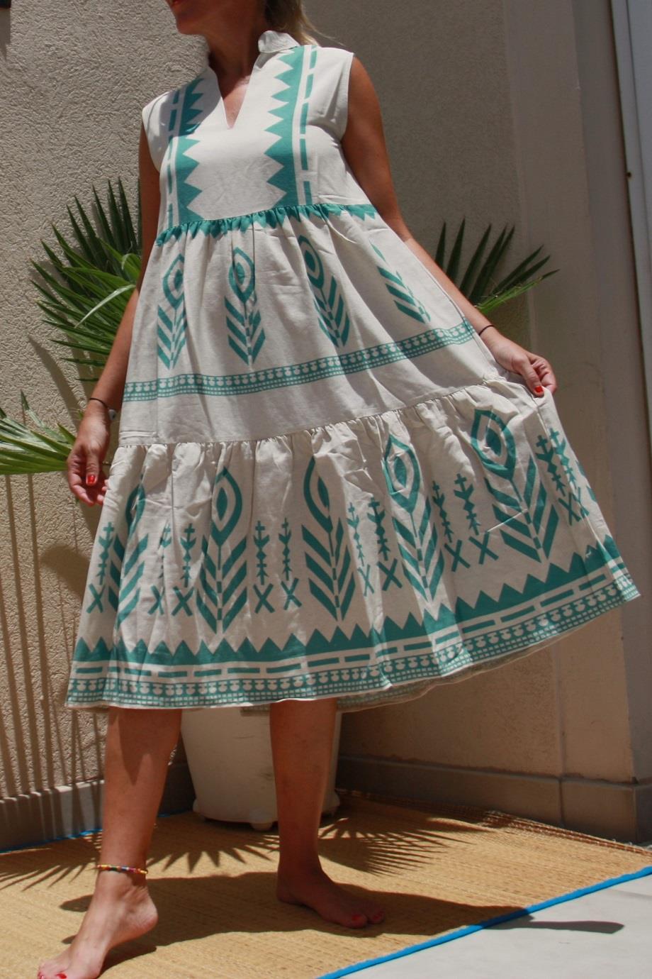 Turquoise Spike Patterns, V Neck Linen Dress
