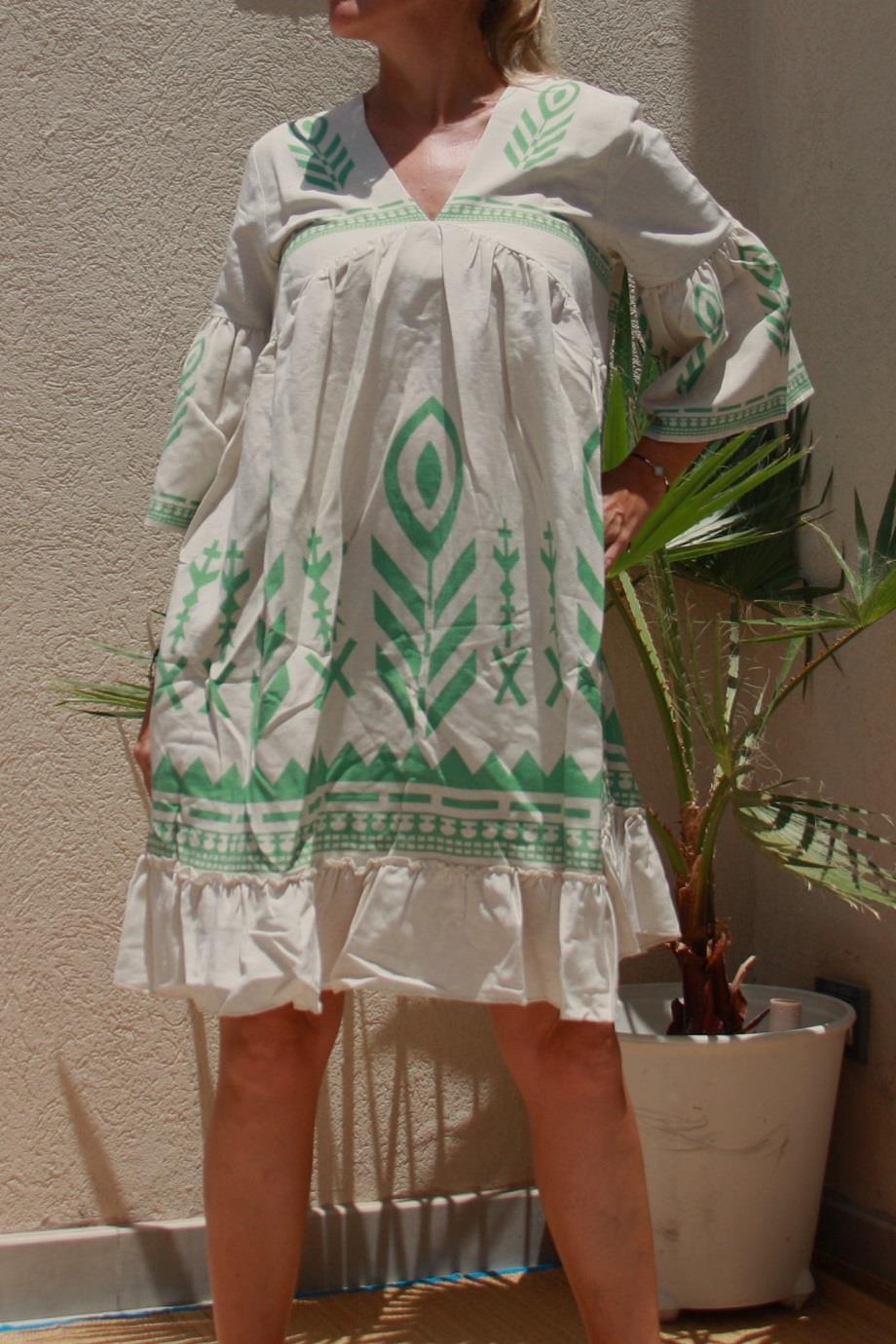 V Neck Linen Green Patterns Short Dress