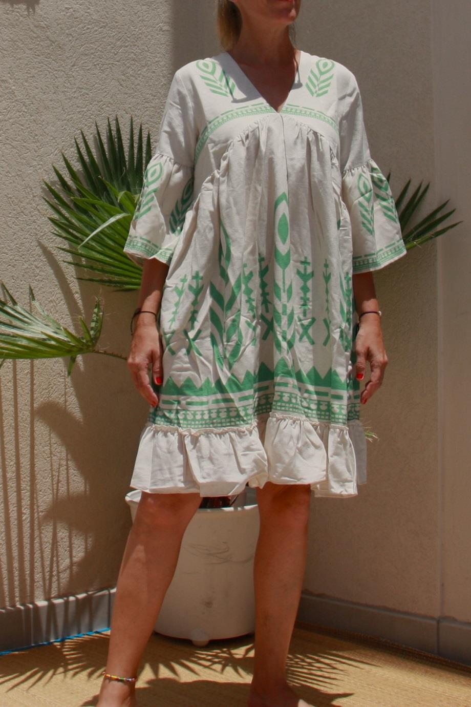 V Neck Linen Green Patterns Short Dress