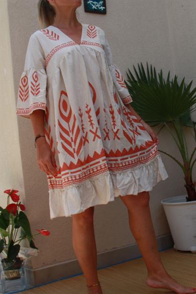 A-Line Puffy Sleeves Linen Summer Dress 