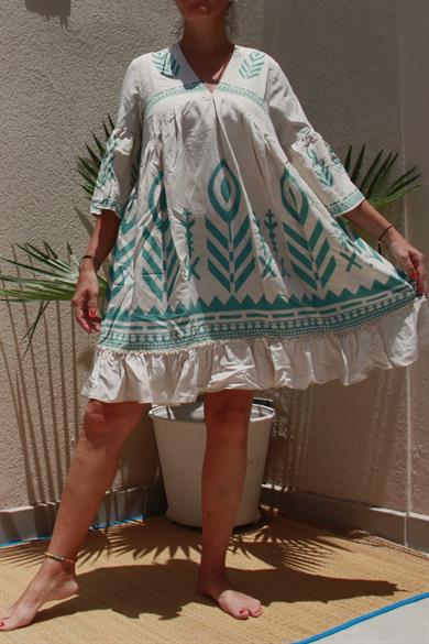 A- Line Turquoise Patterns Linen Dress