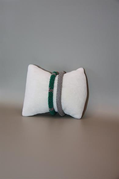 Knitted Glass Beads, Handmade Bracelet, Set of 2 Gray & Green