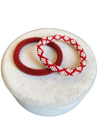 Knitted Handmade Bracelet, Set of 2 Burgundy & White Diamond 