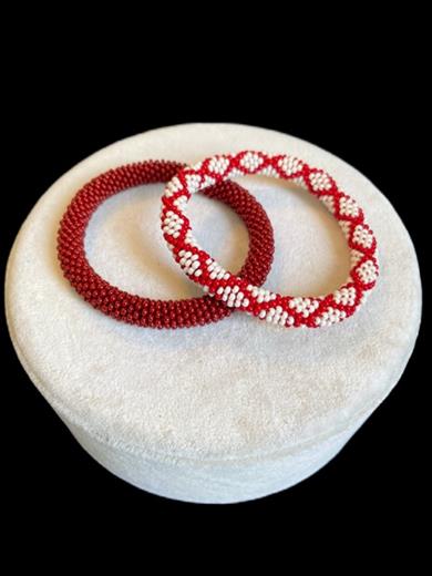 Knitted Handmade Bracelet, Set of 2 Burgundy & White Diamond 