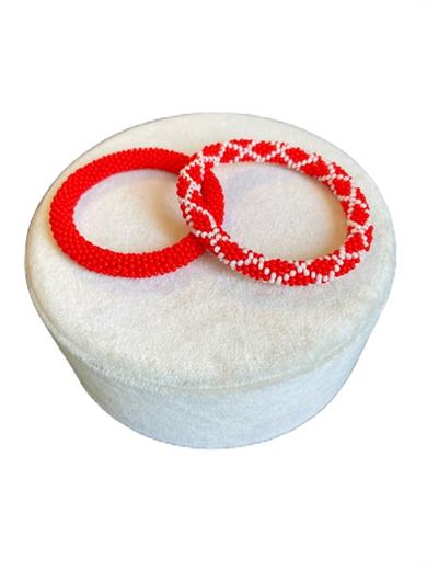 Knitted Handmade Bracelet, Set of 2 Red & White Diamond 