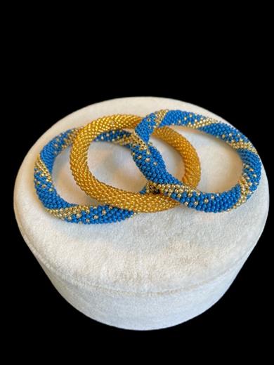 Knitted Handmade Bracelet, Set of 3,  Blue & Shiny Gold Helix