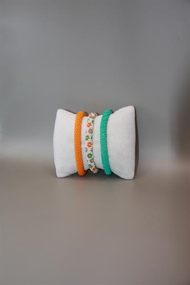 Knitted Handmade Bracelet, Set of 3 Spring flowers Green & Orange
