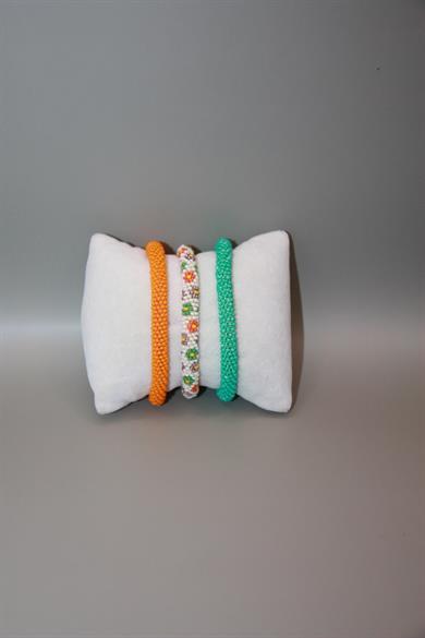 Knitted Handmade Bracelet, Set of 3 Spring flowers Green & Orange