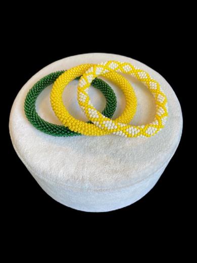 Knitted Handmade Bracelet, Set of 3  Yellow & Dark Green Diamond