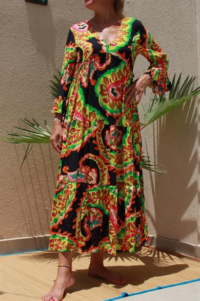Neon Colours Long Sleeve Crepe Maxi Dress