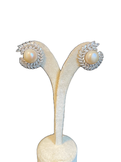 Pearl, Sterling Silver and Baugette Stone Earrings