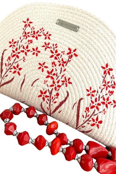 Tiny Red Flowers Handpainted Clutch 