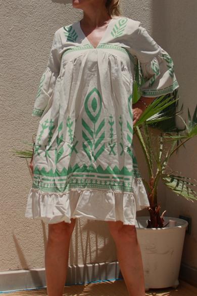 V Neck Linen Green Patterns Short Dress