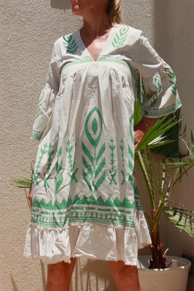 V Neck Linen Green Patterns Short Dress