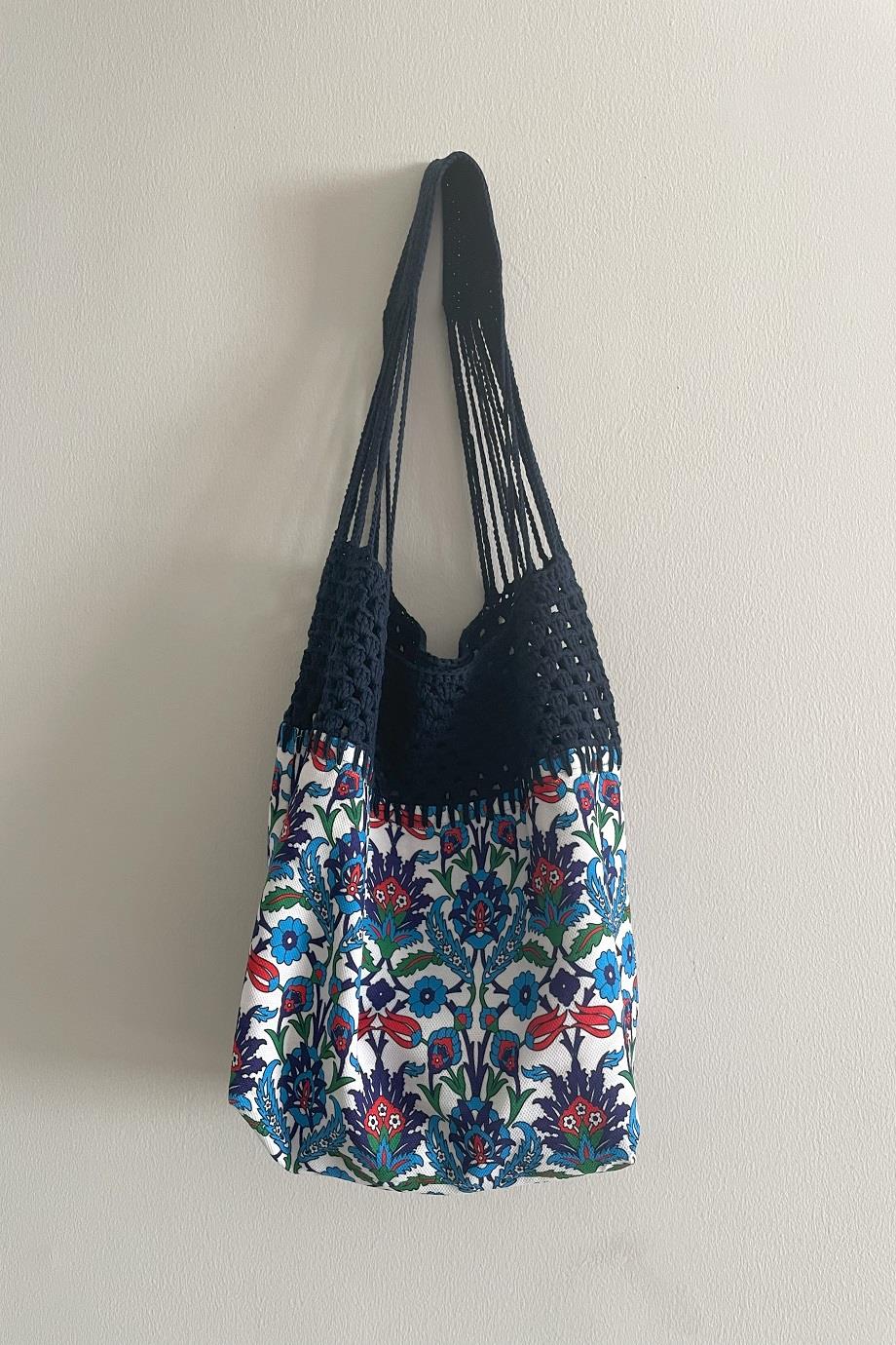 Floral Design Handmade Knitted Cotton Tote Bag
