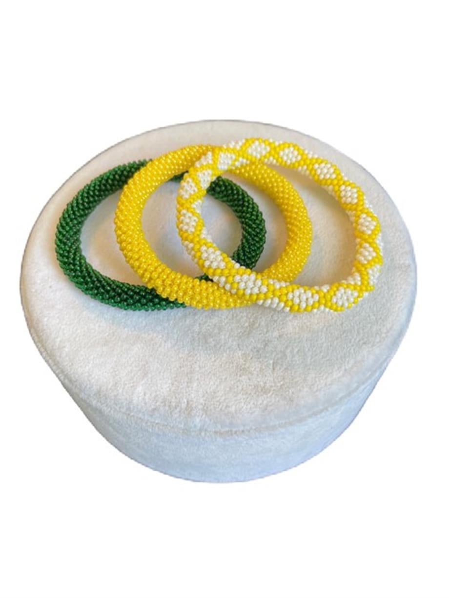 Knitted Handmade Bracelet, Set of 3  Yellow & Dark Green Diamond