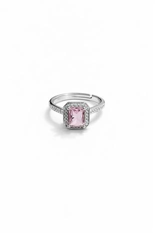 Dikdörtgen Kesim Pembe Taş Detaylı Çelik Yüzük