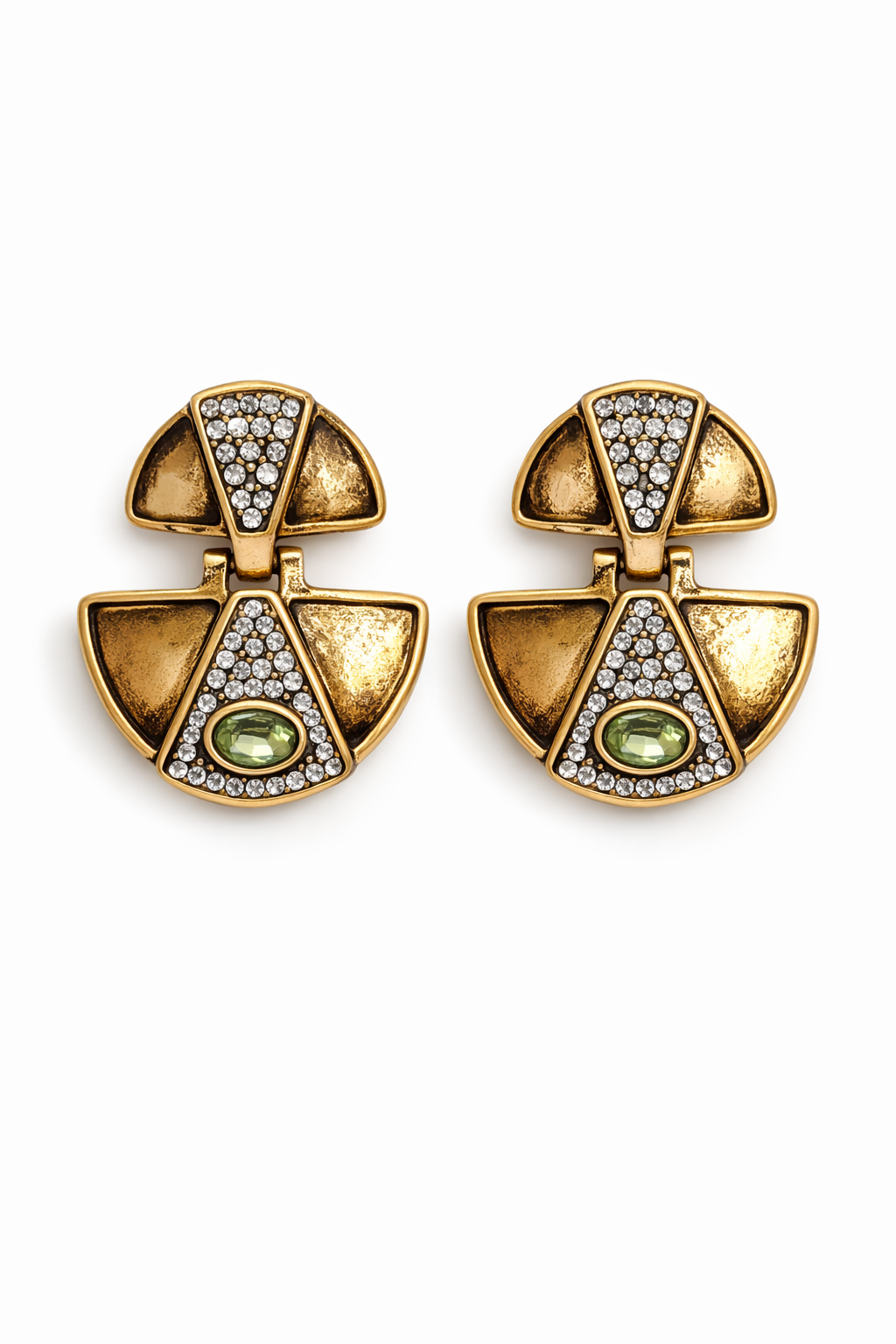Antik Gold Renk Yeşil Taşlı Geometrik Küpe