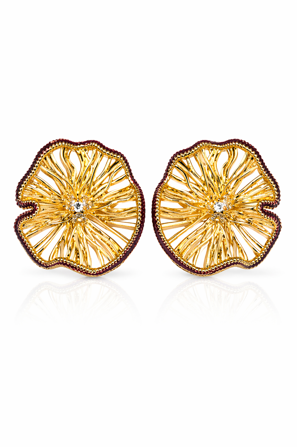 Bordo Gold Çiçek Formlu Taş Detaylı Küpe