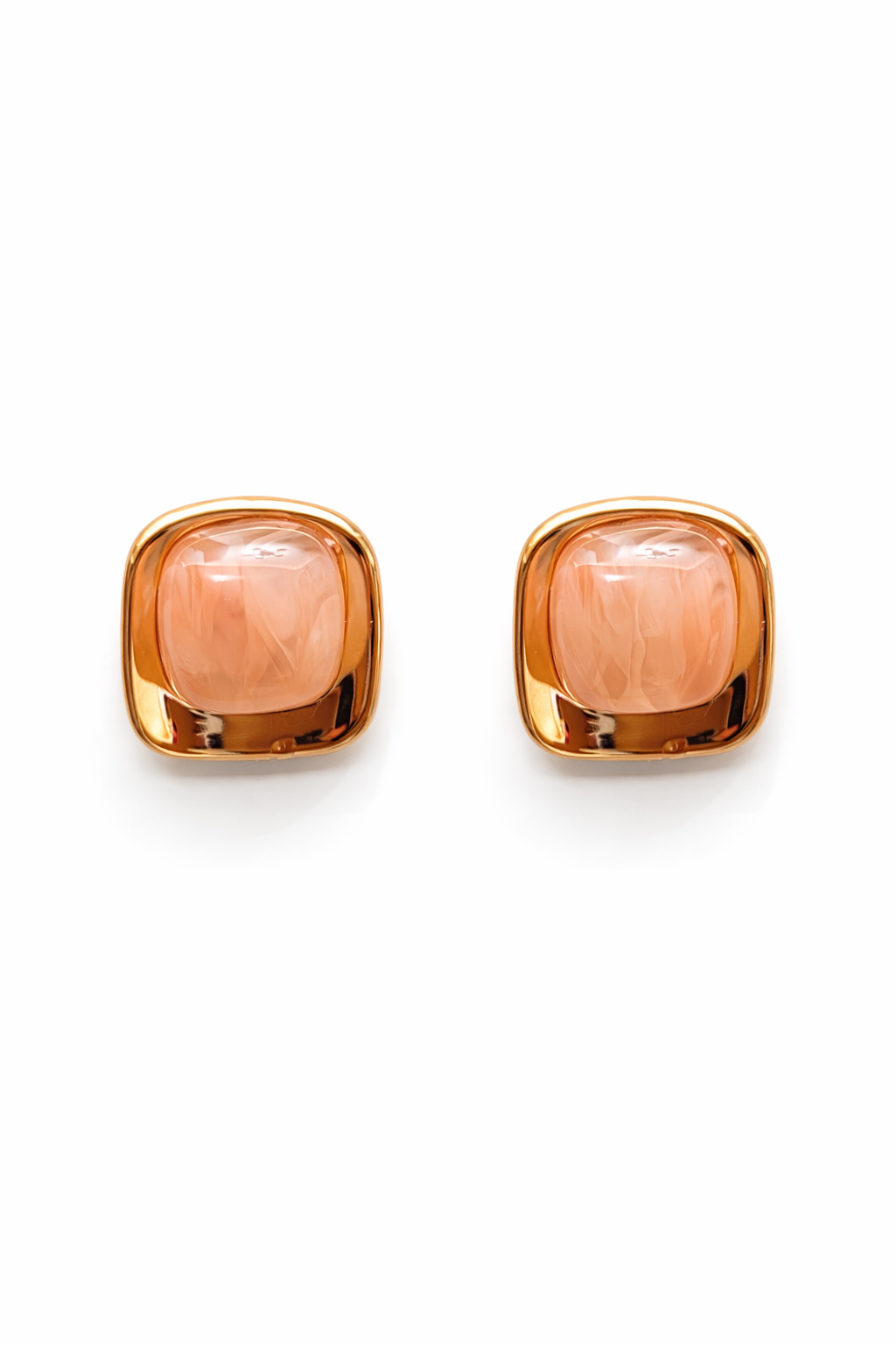 Pembe Kare Taşlı Gold Çelik Küpe