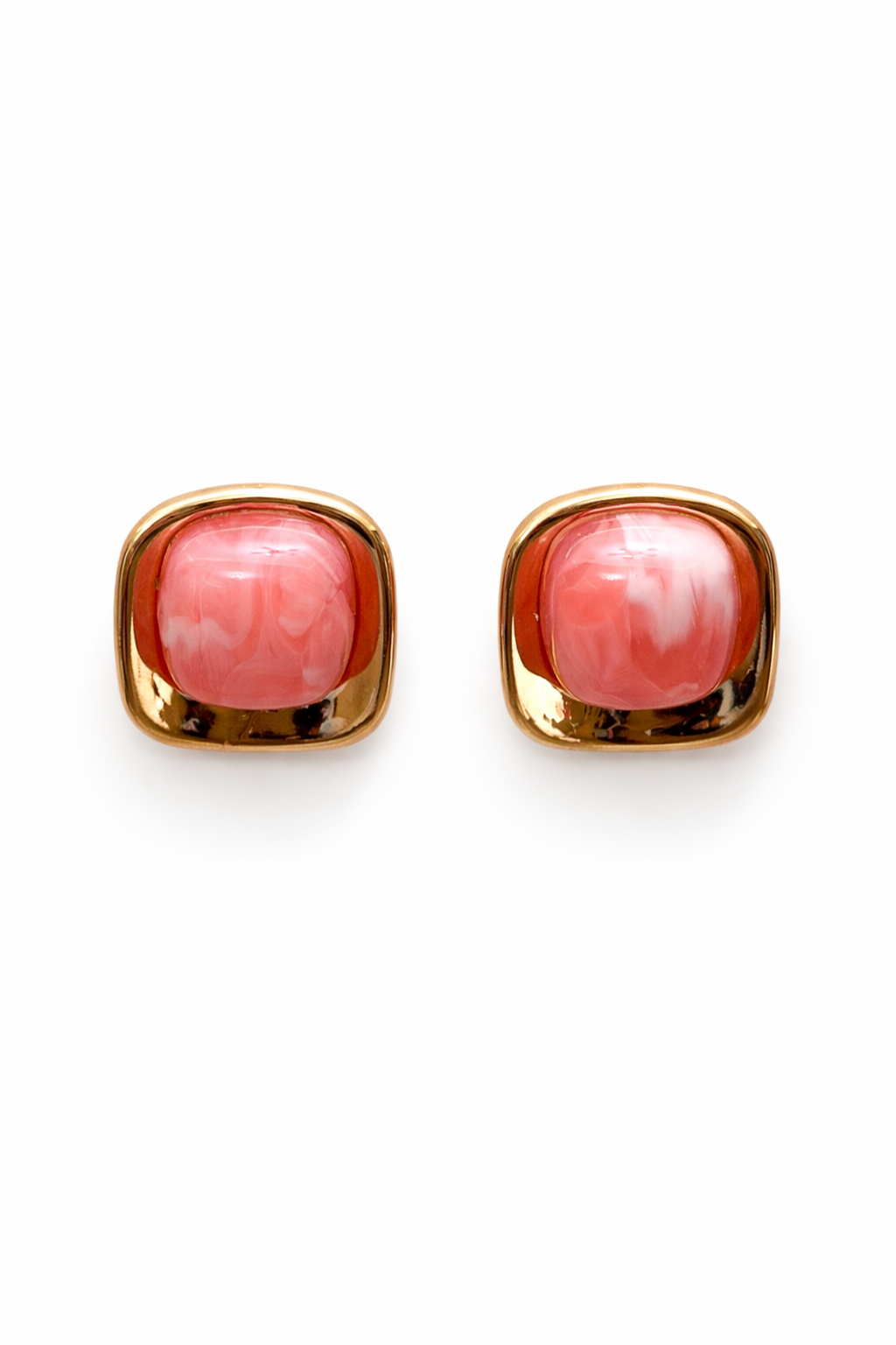 Pembe Kare Taşlı Gold Çelik Küpe