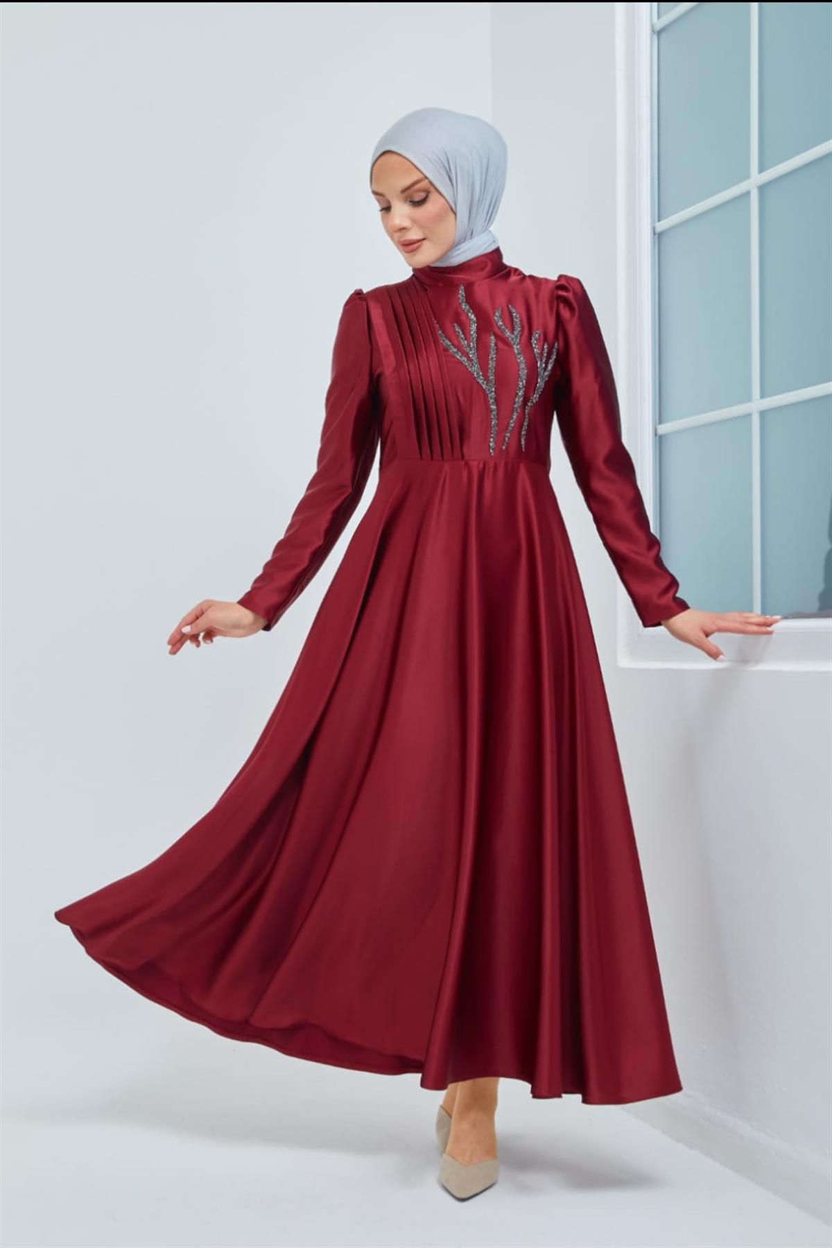 Kumsal – Bordo Saten Abiye Elbise