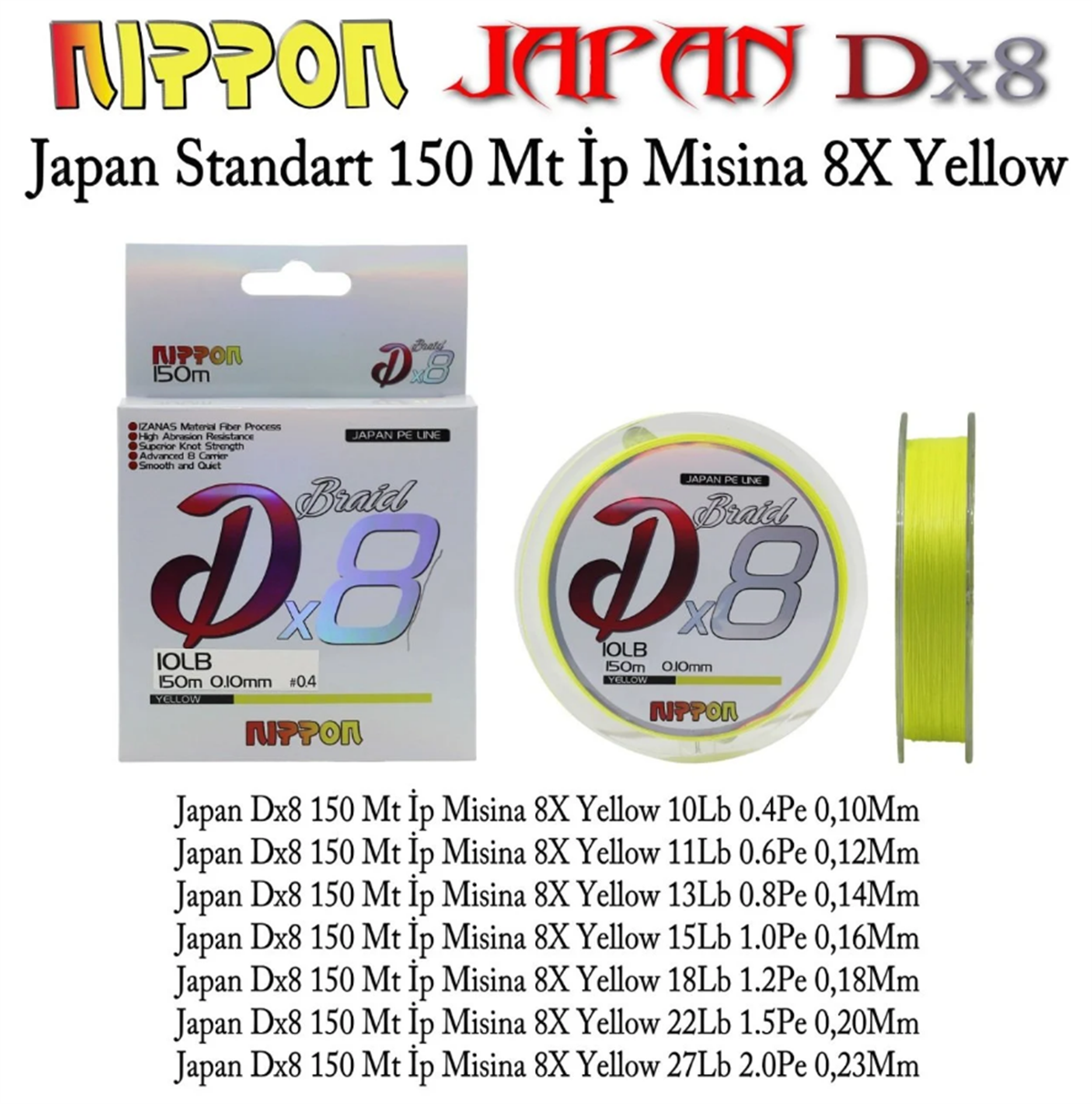 NIPPON Japan Dx8 150 Mt İp Misina 8X Yellow