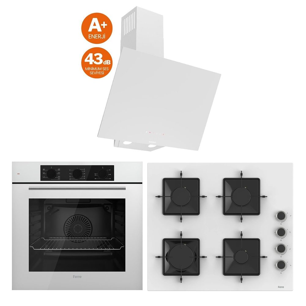Ferre Beyaz Cam Ankastre Set (QBL62CB Fırın - SS206 Ocak - D078-SA Davlumbaz)