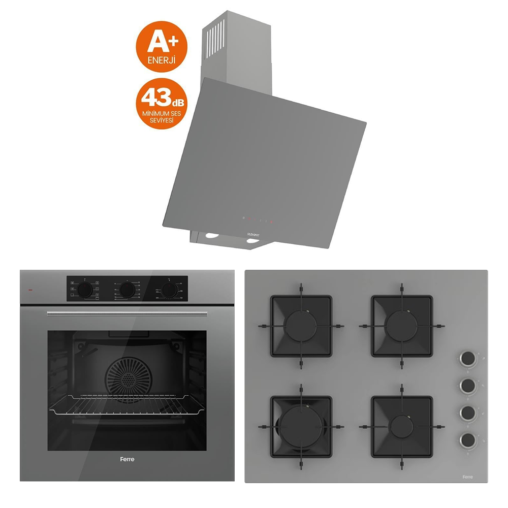 Ferre Gri Cam Ankastre Set (QBL62CPR Fırın - SS208 Ocak - D079-SA Davlumbaz)