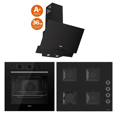 Ferre Siyah Cam Ankastre Set (QBL62CS Fırın - SS205 Ocak - D063-SA Davlumbaz)